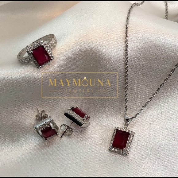 HOST PICK🏅925 STERLING SILVER EMERALD CUT RUBY CZ SET - Picture 3 of 10